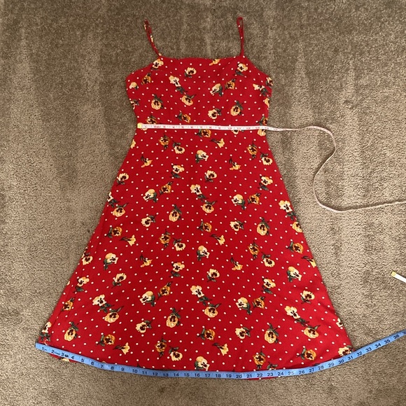 Forever 21 red w/ yellow floral & white dots details midi summer dress, medium - Picture 10 of 15